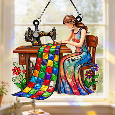 Mom Grandma Sewing Colorful Quilt - Personalized Acrylic Window Hanging - Gift For Mom, Grandma