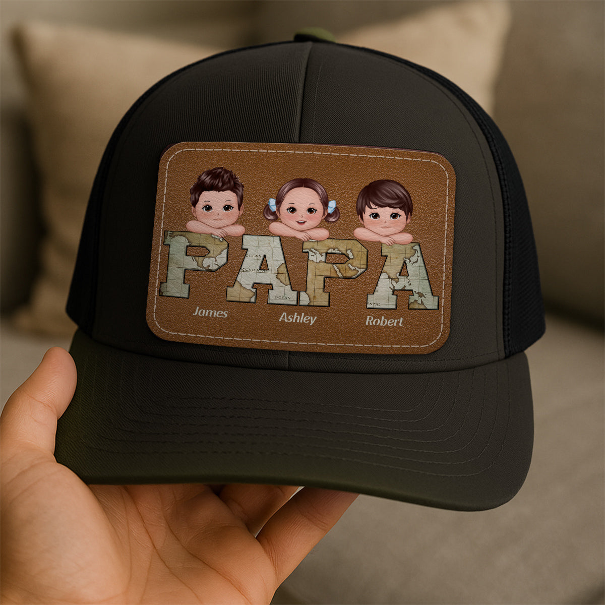 Grandpa Dad We Love You World Map Pattern Doll Kids On Hand Personalized Leather Patch Hat