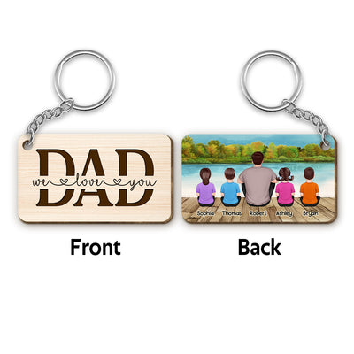 Best Dad Ever Back View Man Kids Dog Cat Sitting Landscape Background Personalized Wooden Keychain