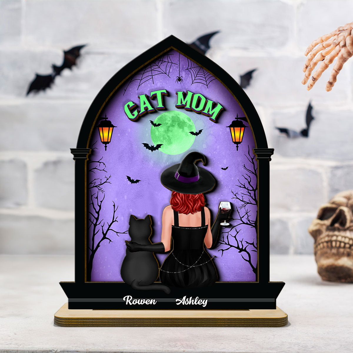 Halloween Witch and Cats Gothic Window Shaped Personalized 2-Layer Wooden Standing Plaque