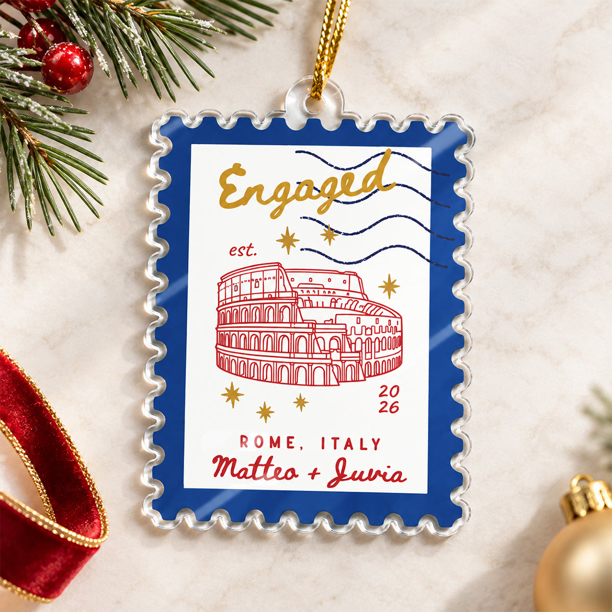 Couple Milestone Postage Stamp - Personalized Acrylic Ornament – Custom City Landmark Keepsake Gift