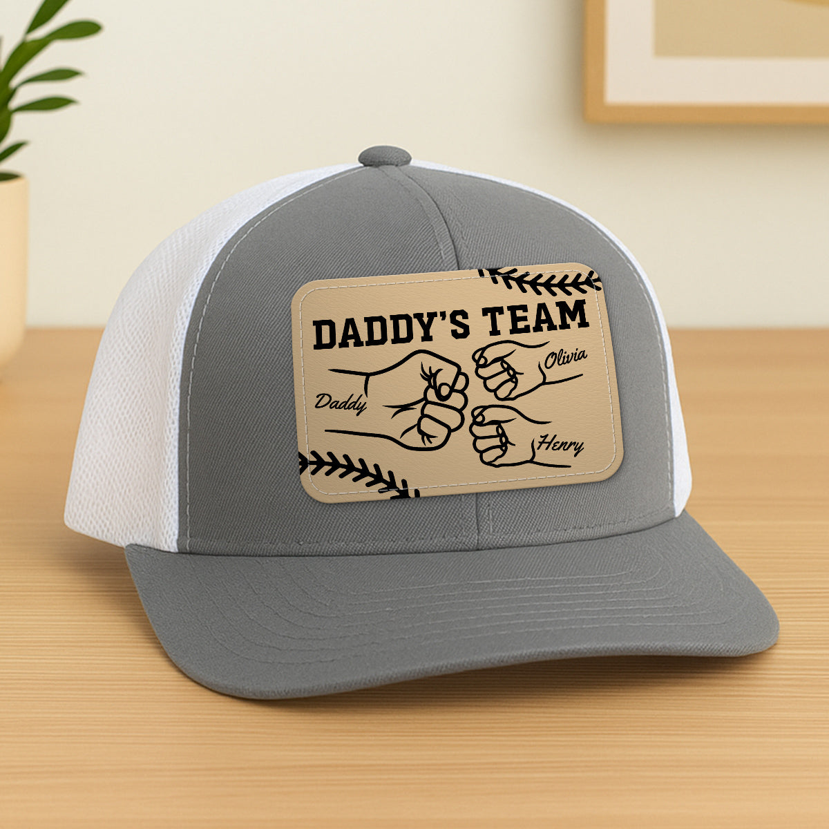 Baseball Daddy's Team Fist Bump Outline Personalized Leather Patch Hat
