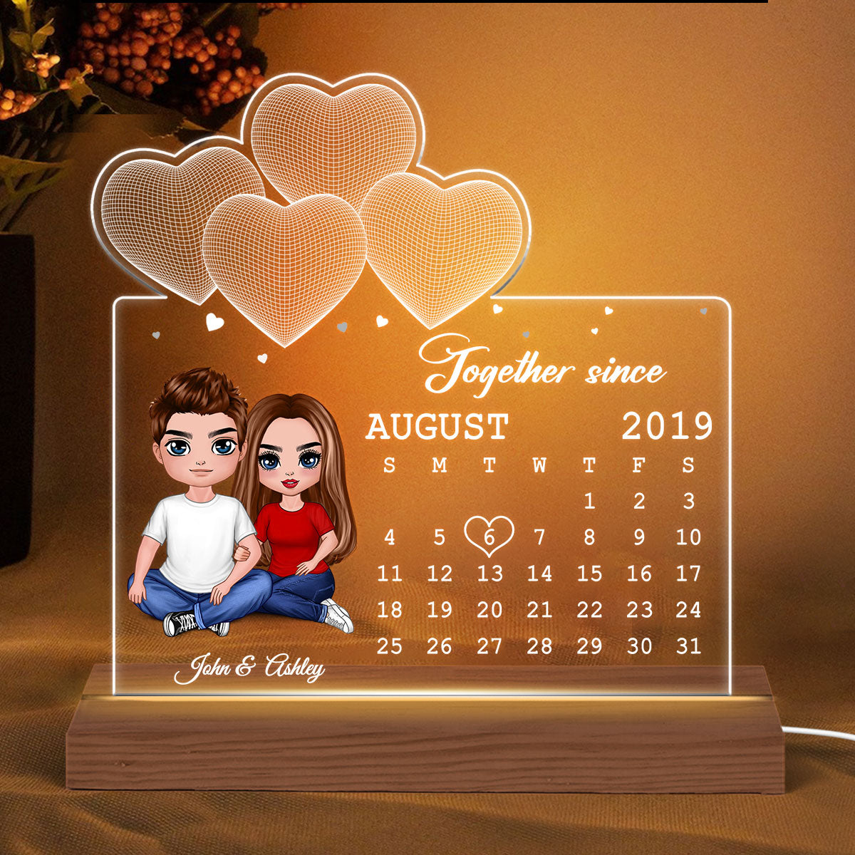 Doll Couple Embracing Sitting Under 3D Heart Anniversary Date Calendar Personalized Custom Shape Acrylic Plaque With LED Night Light - Anniversary Gift For Couple - Gift For Him Gift For Her