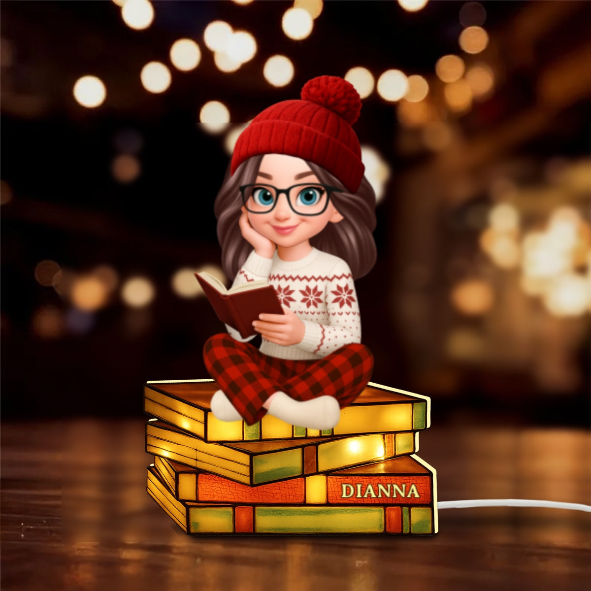 3D Stained Glass Effect Christmas Cozy Vibe Pretty Girl Reading Book - Personalized Light Box