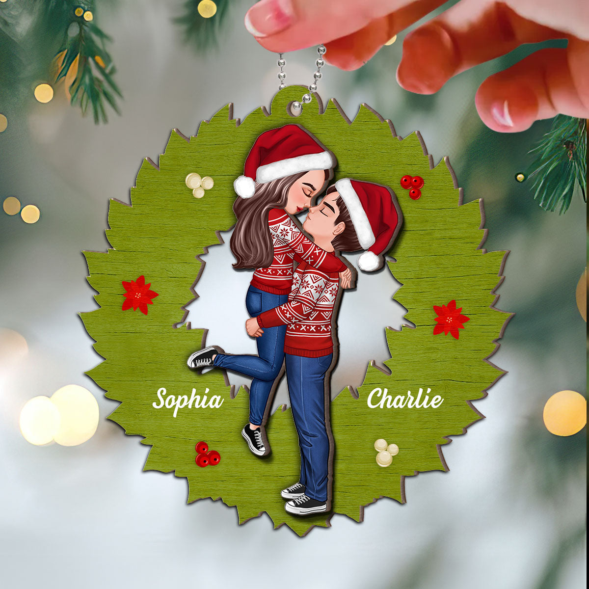 Wreath Christmas Couple Kissing Personalized 2-Layer Wooden Ornament