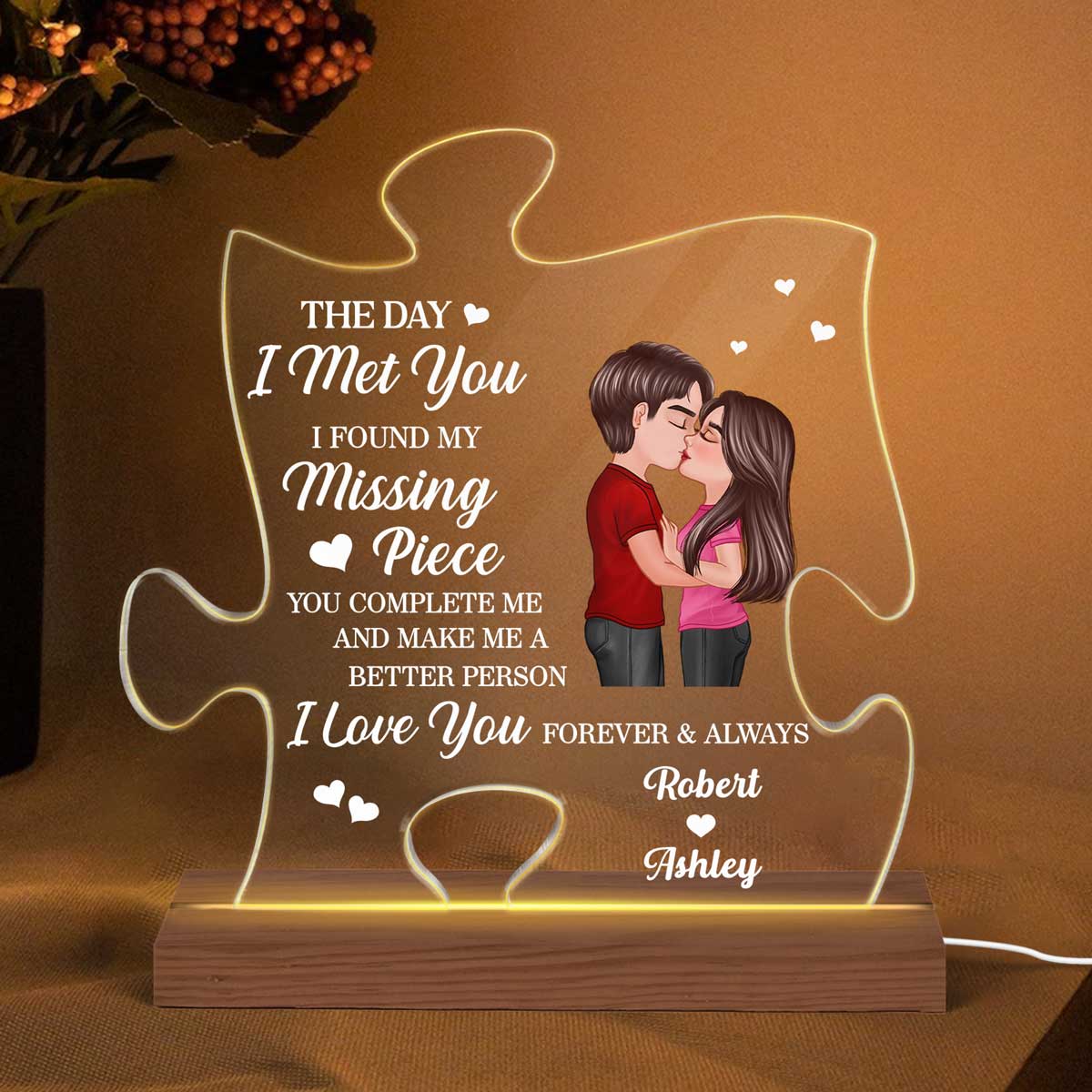 Doll Couple Kissing Found My Missing Piece Valentine‘s Day Anniversary Gift For Him For Her Personalized Custom Shape Acrylic Plaque LED Night Light