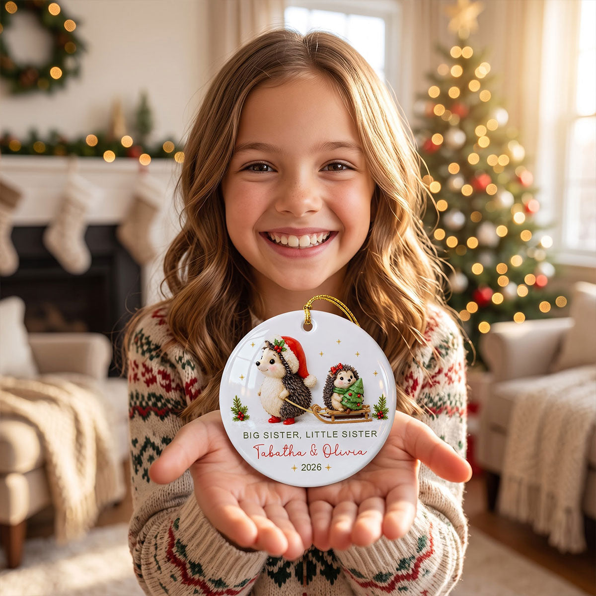 Big Sister Little Brother Sister Hedgehog 2D Flat - Personalized Ceramic Ornament - Christmas Keepsake