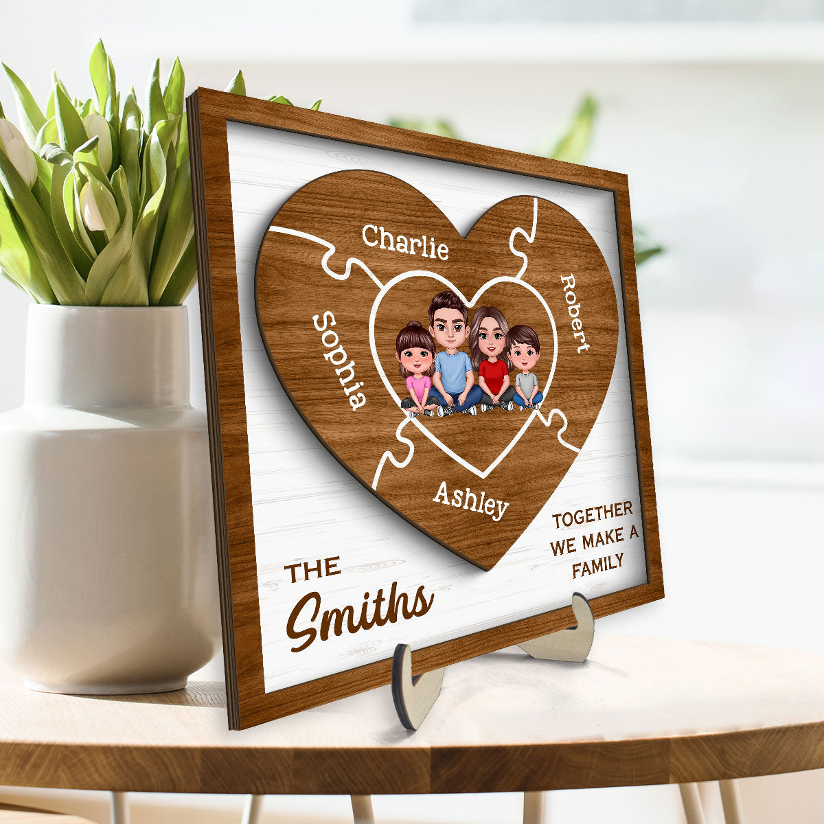 Together We Make A Family Puzzle Heart Personalized 2-Layer Wooden Plaque