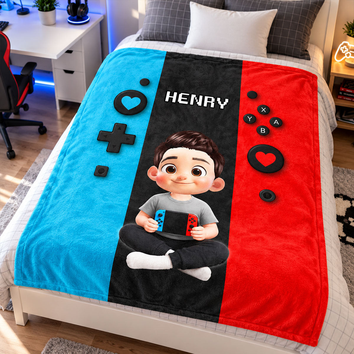 Gamer Player Custom Kid Name - Personalized Fleece Blanket - Christmas Gift For Gamer, Grandson, Son, Granddaughter, Daughter, For Boys, Girls
