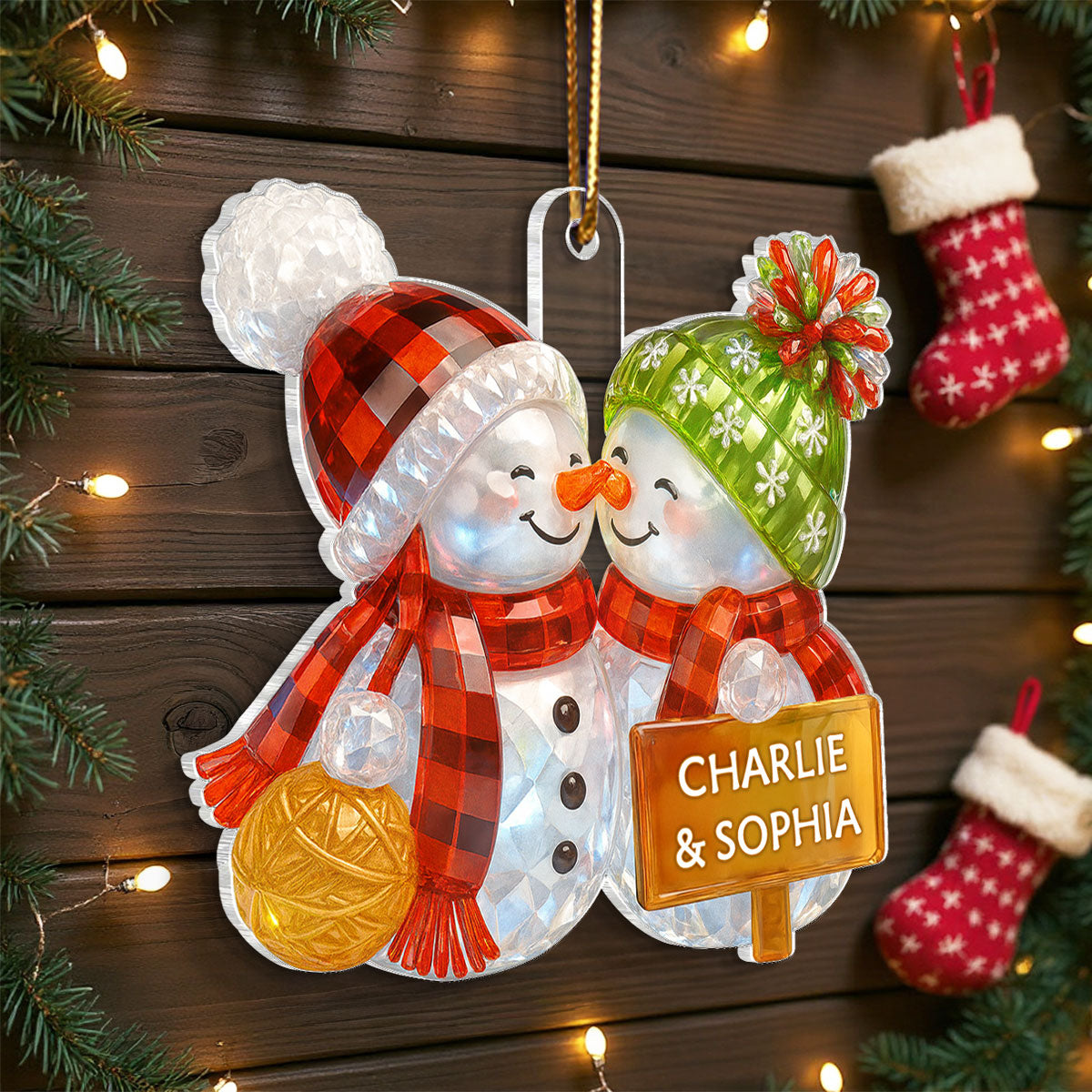 Kissing Snowman Couple 3D Crystal Effect - Personalized Acrylic Ornament