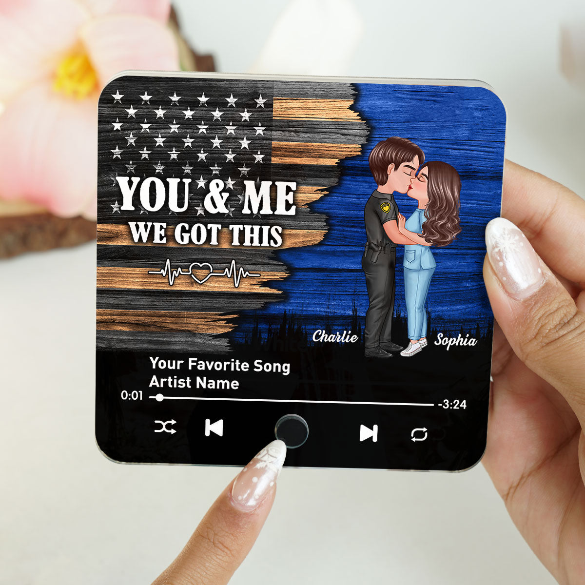 Hero Couple Kissing Half Flag Gift by Occupation Personalized Music Fridge Magnet,  Gift For Him, For Her