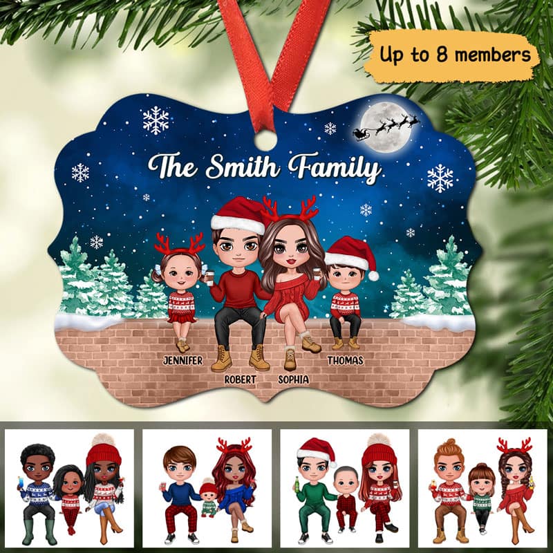Doll Family Sitting In Snow Background Personaized Christmas Ornament
