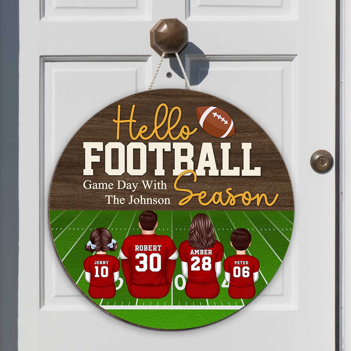 Hello Football Season Personalized Round Door Hanger, Family Fall Decor