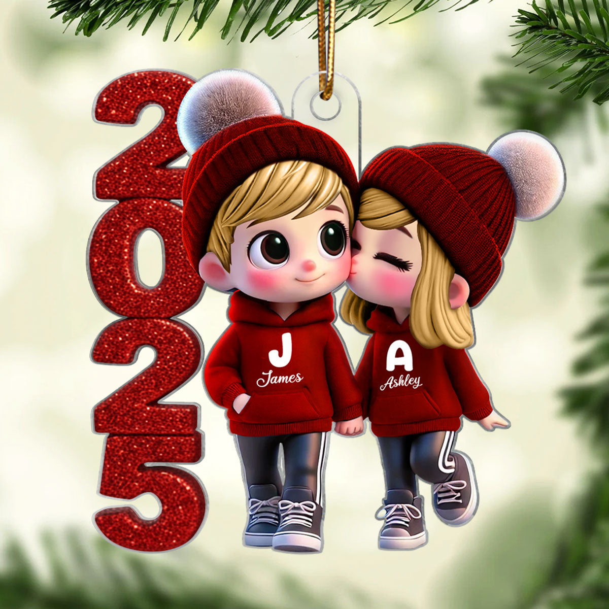 3D Glitter Effect 2025 Cute Cartoon Couple Walking - Personalized Acrylic Ornament - Gift for Him, Gift for Her