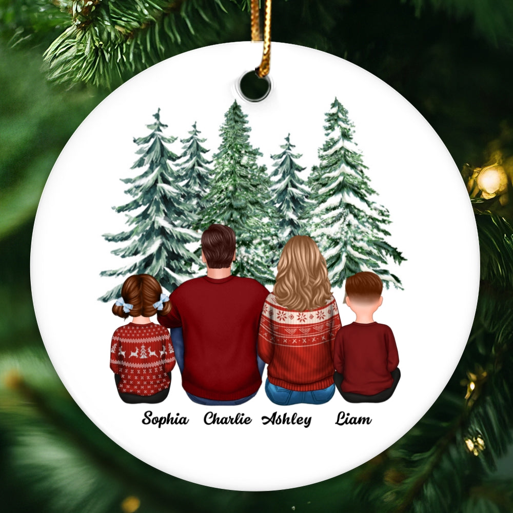 Family Sitting Under Christmas Tree Personalized Circle Ornament