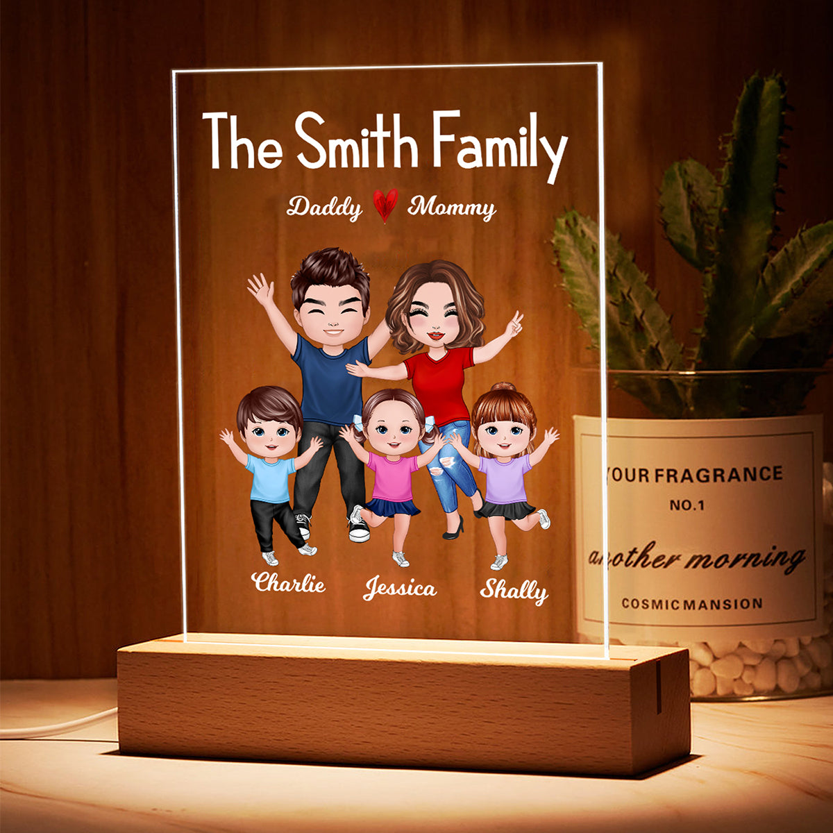 Happy Family Doll Couple Dad Mom Kids Dogs Cats - Personalized Acrylic Block Plaque LED Night Light