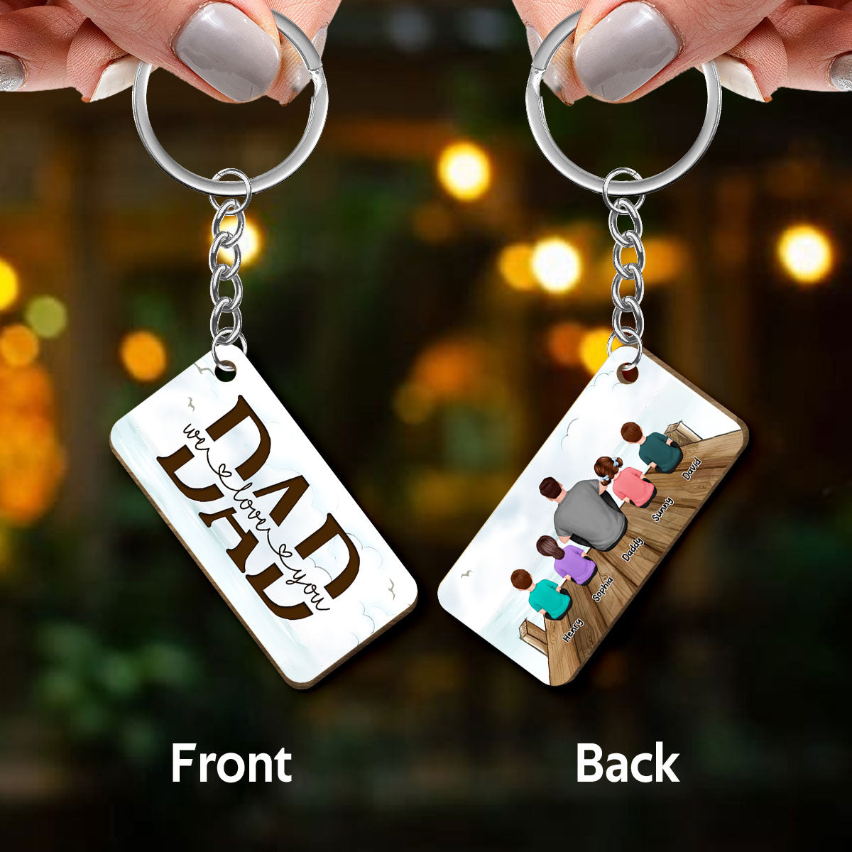 On The Bridge Best Dad Ever Back View Man Kids Dog Cat Father‘s Day Gift Personalized Wooden Keychain