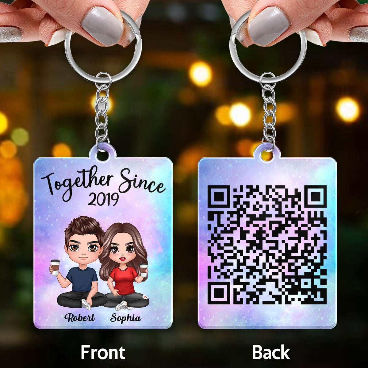 Doll Couple Sitting Custom Secret Message QR Code Gift For Her Gift For Him Personalized Acrylic Keychain