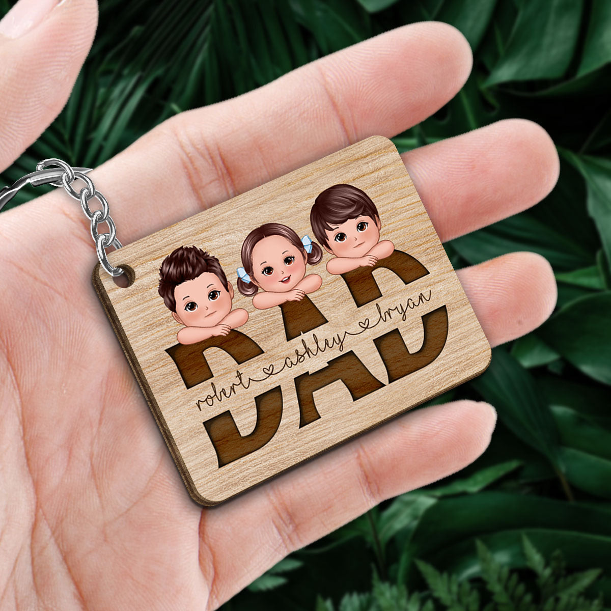 Daddy We Love You Cute Kids On Hands Personalized Wooden Keychain