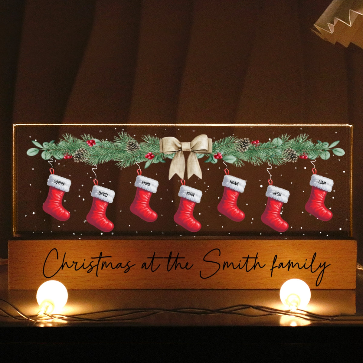 Christmas Stocking Family Names Personalized Acrylic Block LED Night Light