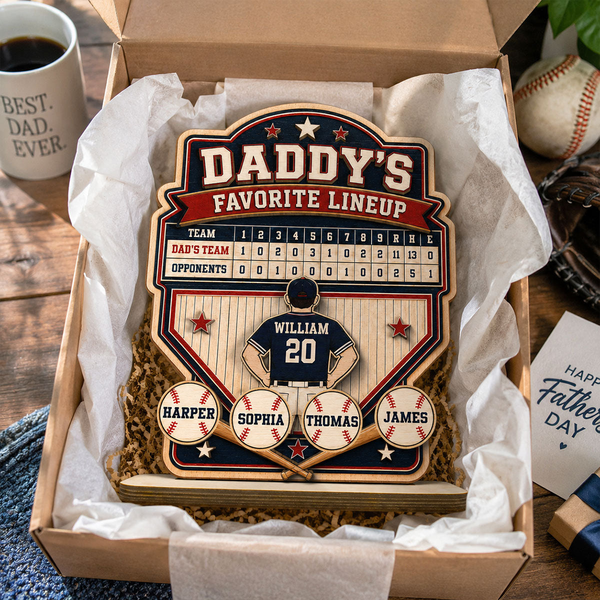 Baseball Dad Favorite Lineup - Personalized Wooden Plaque - Father's Day Gift for Dad, Husband