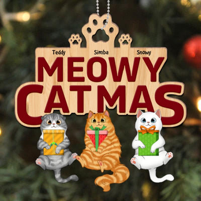 Meowy Catmas Fluffy Cat Personalized Christmas Wooden Ornament