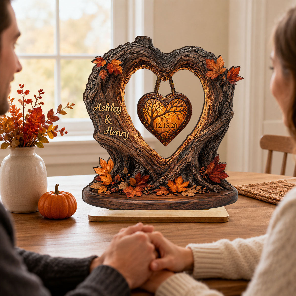 Couple Fall Season Heart Tree - Personalized 2-Layered Wooden Plaque - Anniversary Gift for Her, for Him