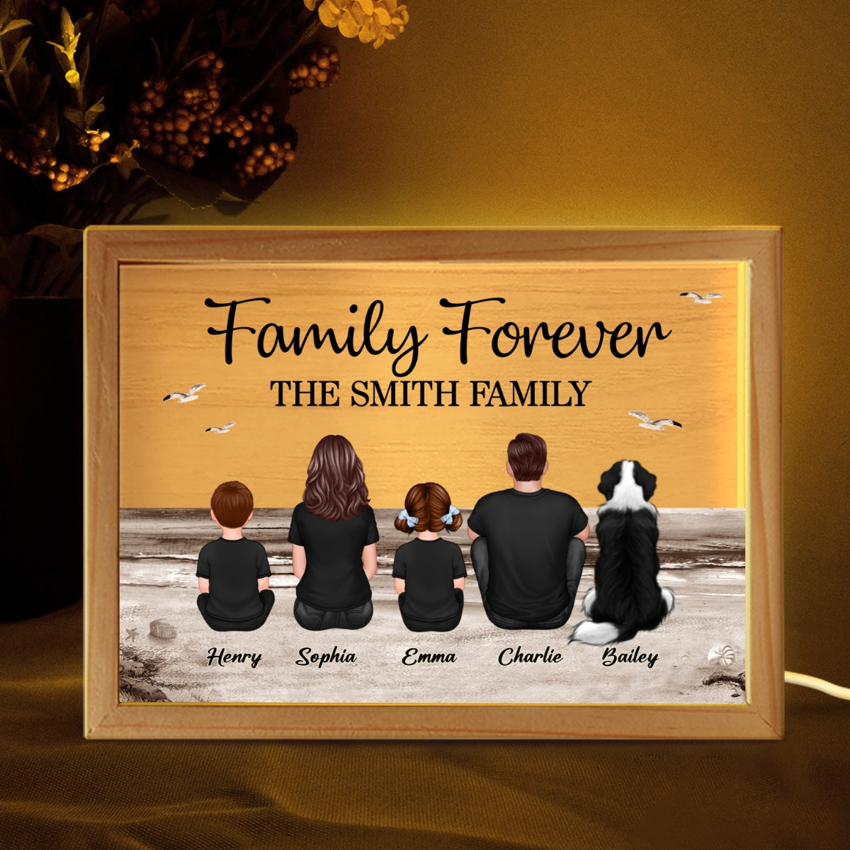 Retro Vintage Family Sitting Beach Landscape Personalized Wooden Frame Light Box
