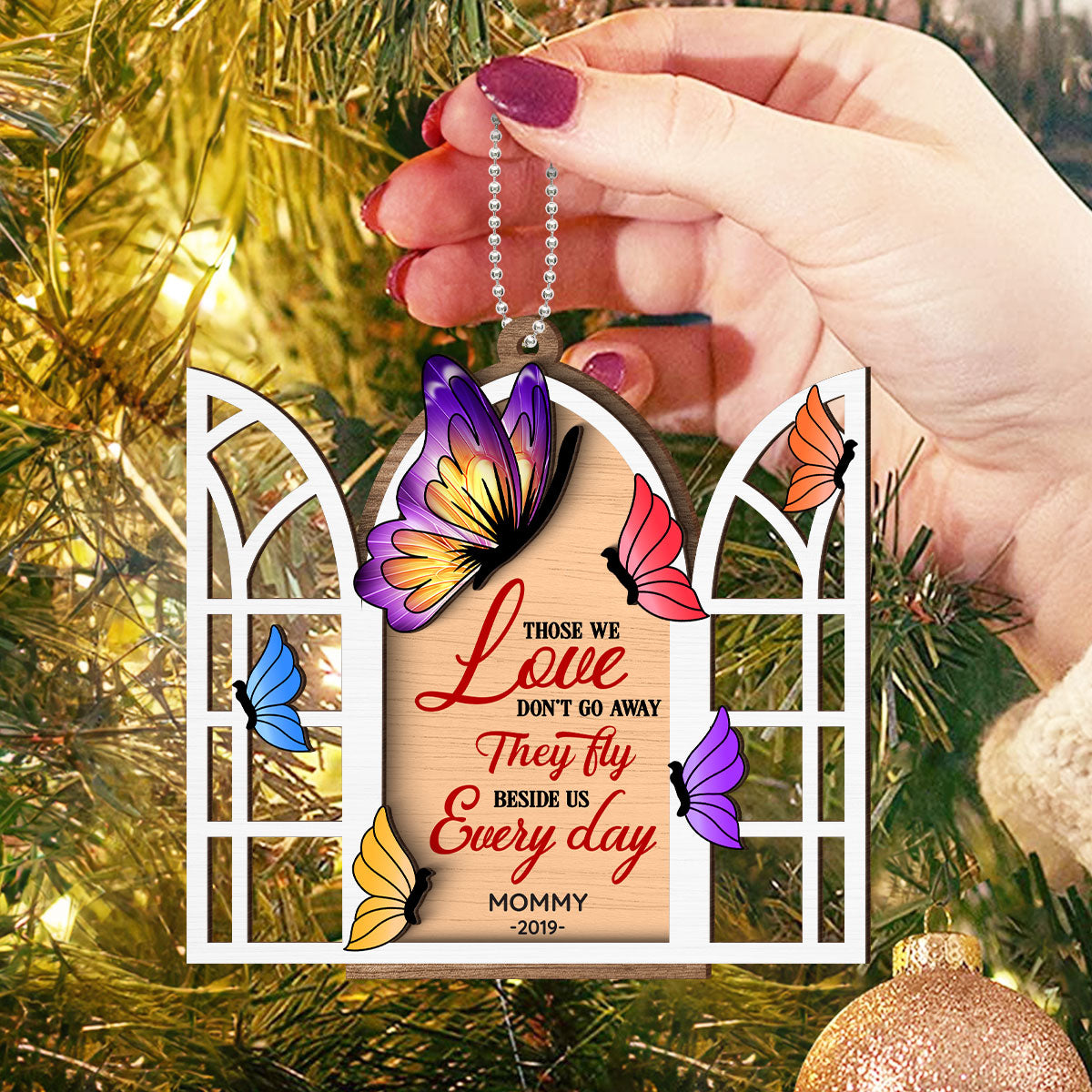 Butterflies Memorial Window Personalized 2-Layer Wooden Ornament, Christmas Gift