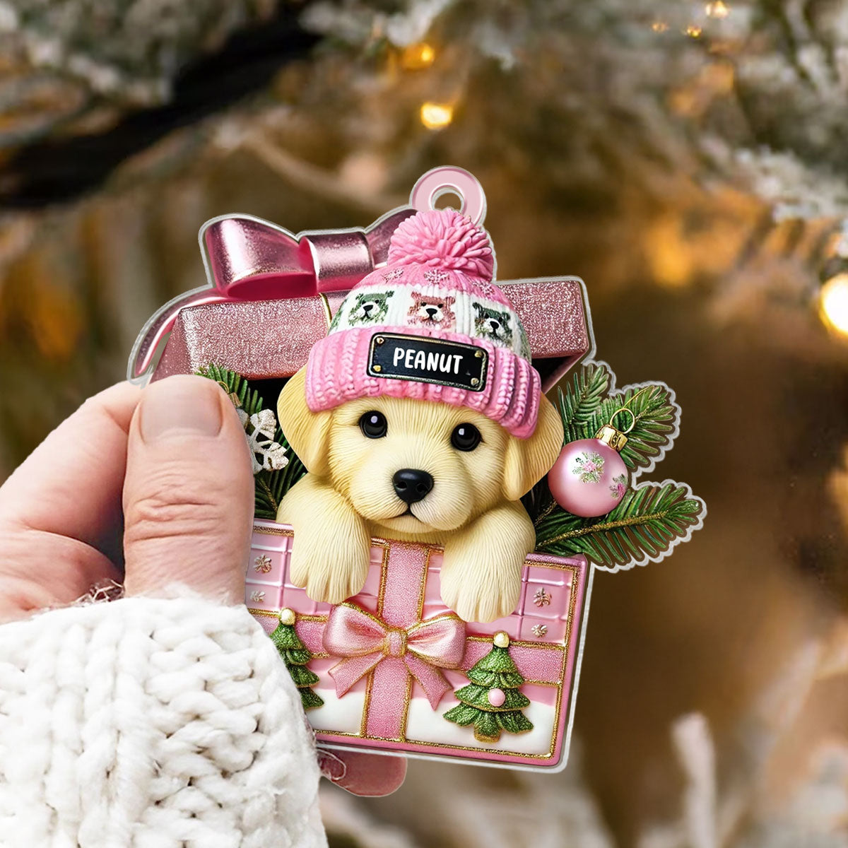 Cute Labrador Dog Inside Gift Box Personalized 2D Flat Acrylic Ornament, Christmas Gift for Dog Lovers