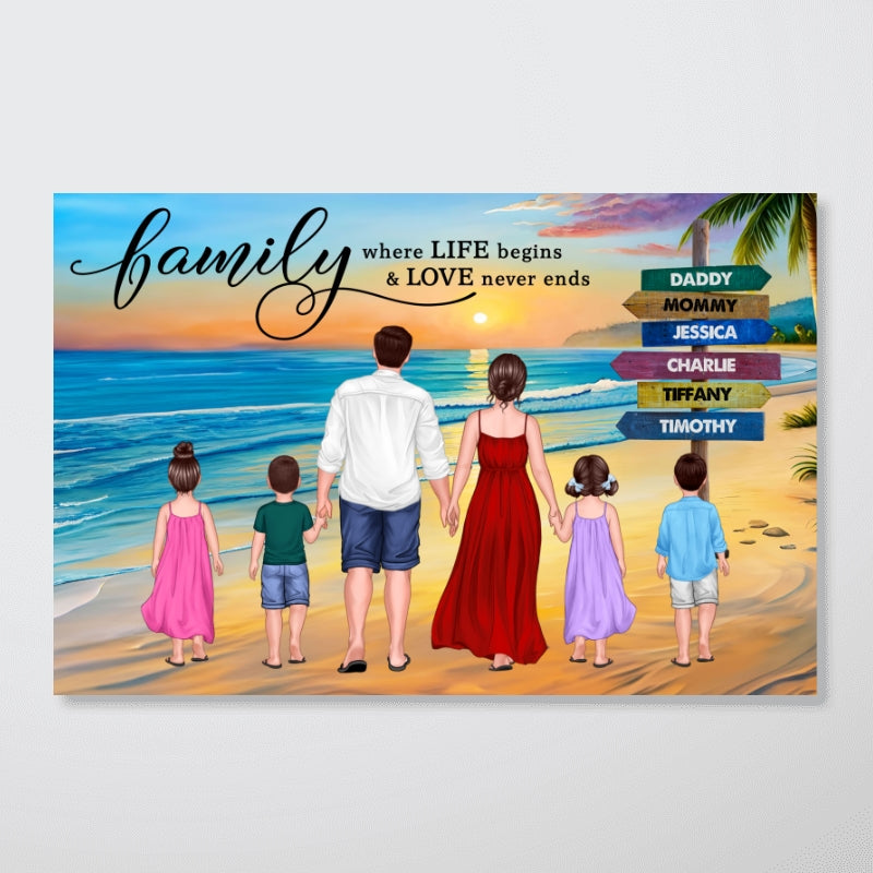 Family Summer Standing Back View Beach Sign Personalized Horizontal Poster