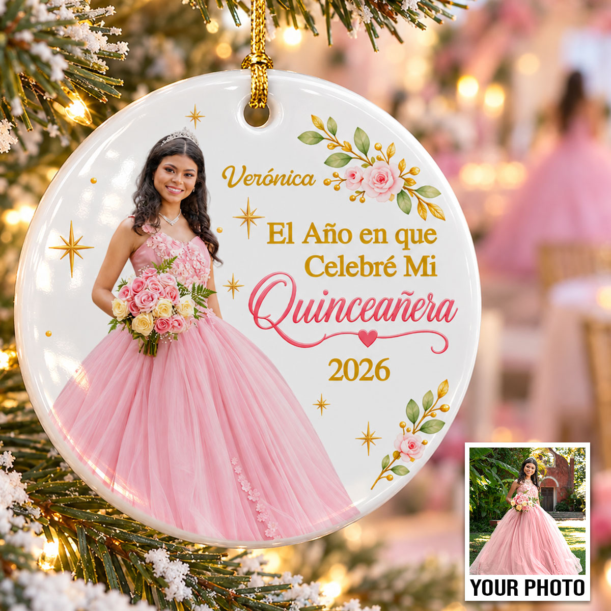The Year I Celebrated My Quinceañera Custom Photo Upload - Personalized Ceramic Ornament - Hispanic Latina Quinceañera Keepsake