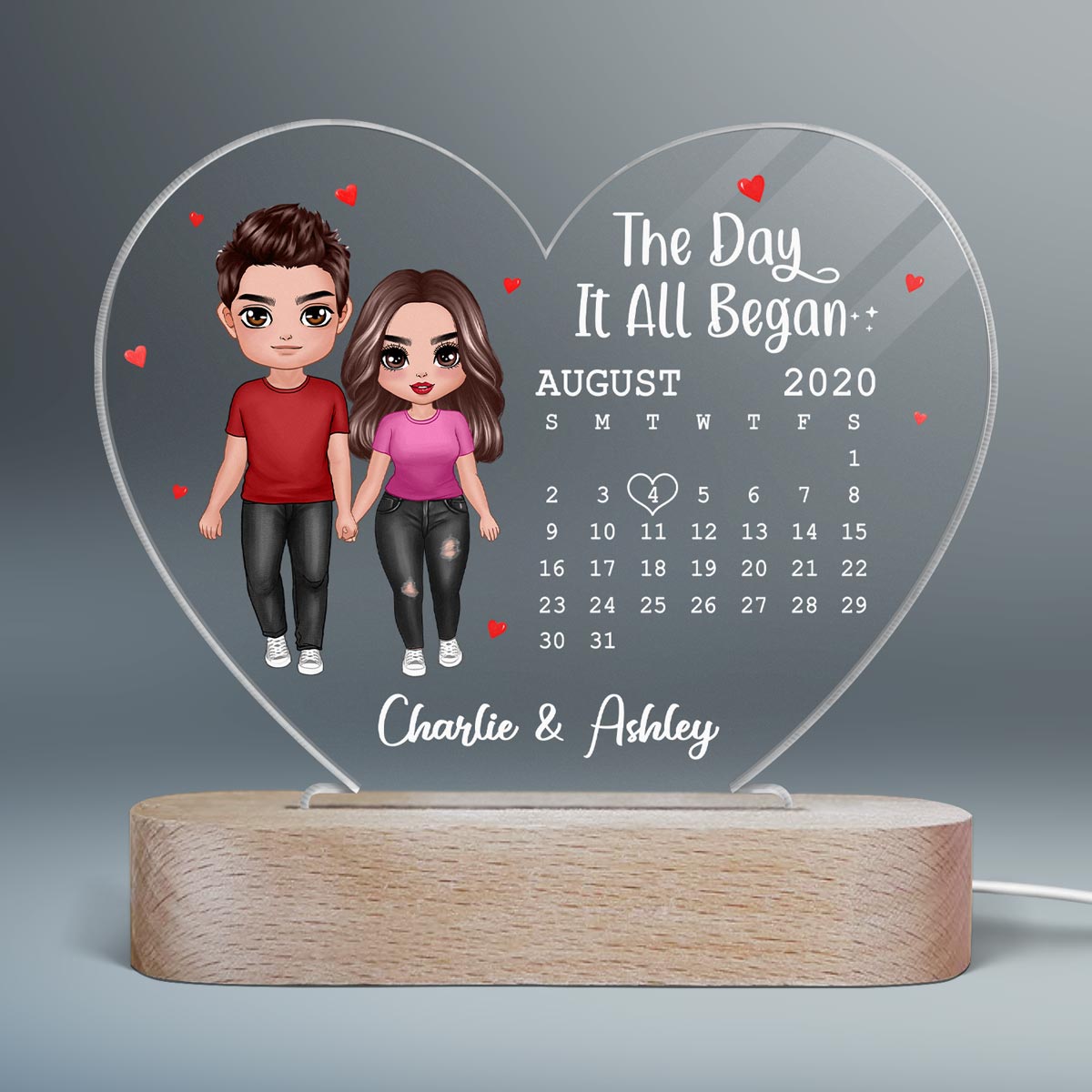 Doll Couple Standing Calendar Anniversary Date Personalized Acrylic Heart Plaque LED Night Light