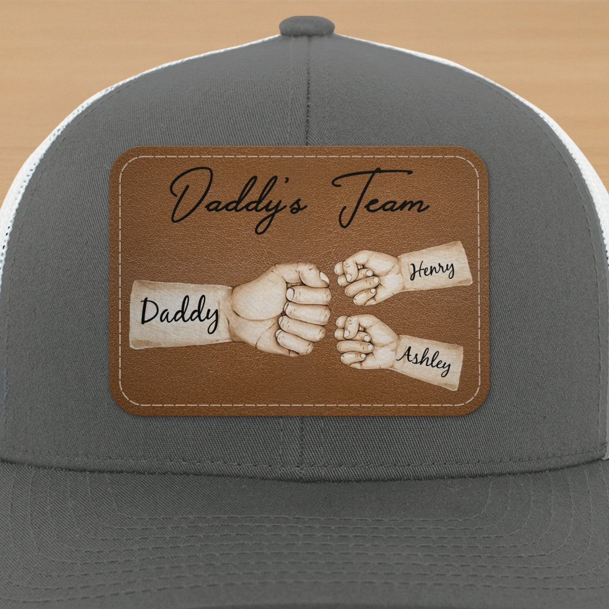 Daddy's Team Fist Bump Personalized Leather Patch Hat, Trucker Cap| Cool Father's Day Gift For Dad, Husband