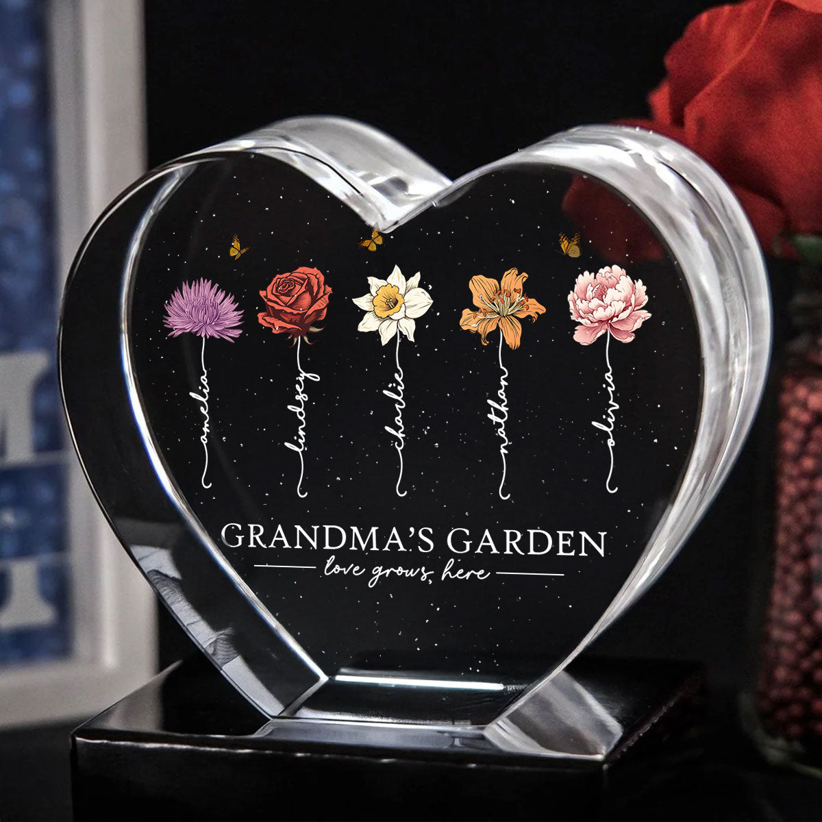 Grandma's Garden Personalized Premium Crystal Heart LED, A Timeless Treasure for Grandma, Free Shipping Included