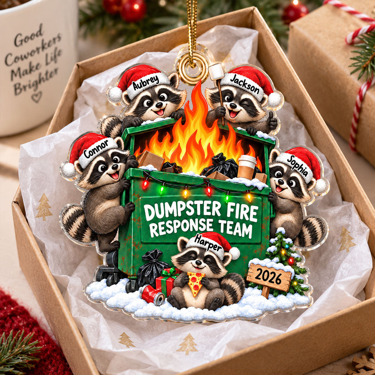 Funny Raccoons Dumpster Fire Response Team - Personalized Acrylic Ornament - Funny Gift For Coworkers, Work Besties, Colleagues