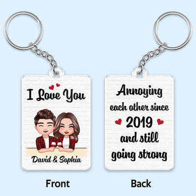 Doll Couple Hugging Holding Drinks Personalized Acrylic Keychain