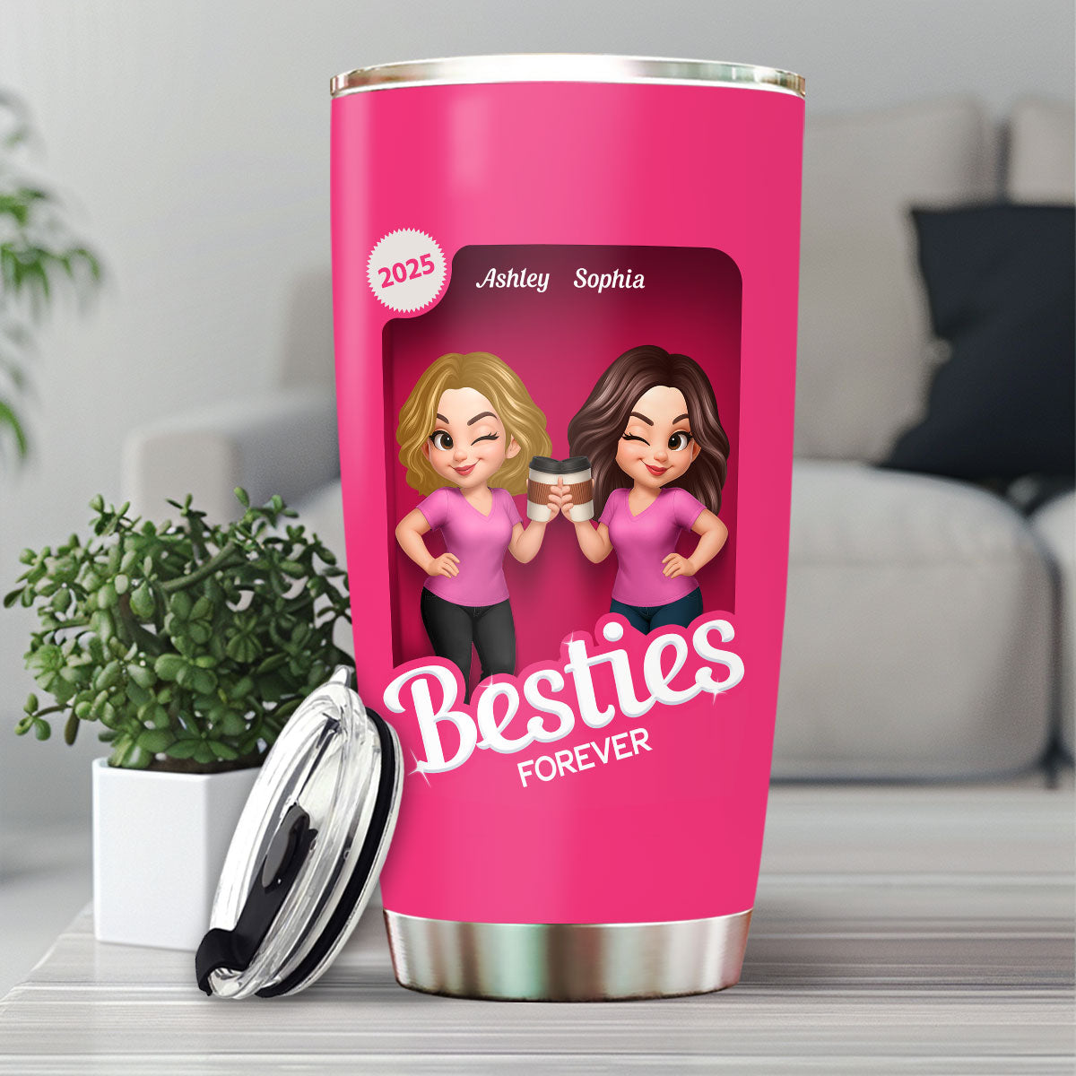 Besties Partner In Crime Pink 3D Effect Action Figure - Personalized Tumbler