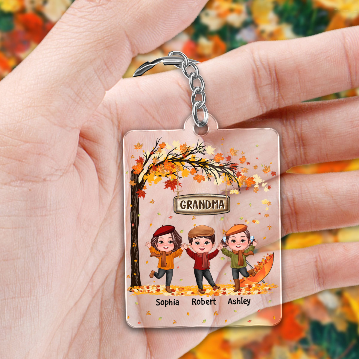 Fall Season Kids Playing Under Tree Personalized Acrylic Keychain