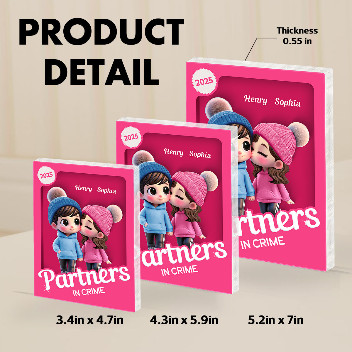 Couple Partners In Crime Pink Toy Box 3D Effect Personalized Acrylic Block