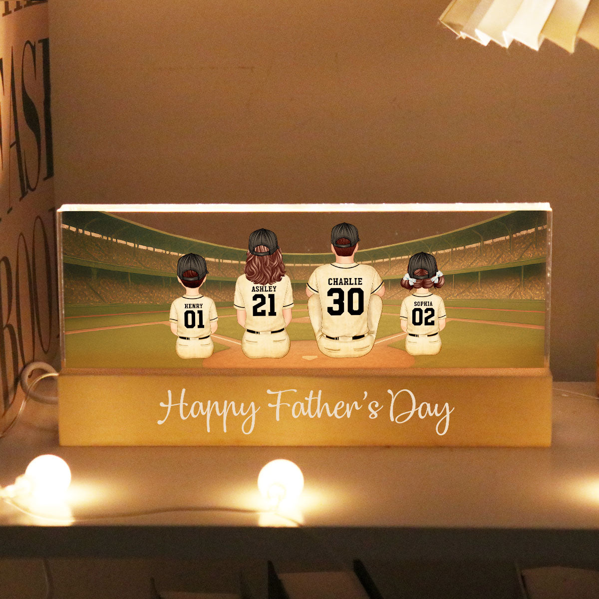 Retro Vintage Baseball Daddy's Dream Team Personalized Acrylic Block LED Night Light, Gift For Dad