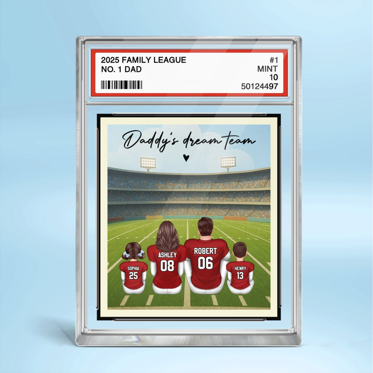 American Football Daddy's Dream Team No. 1 Dad Man & Kids Sitting Trading Card Style - Personalized Acrylic Block Plaque