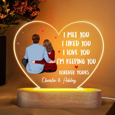 Back View Couple Sitting I Met You Like You Love You Gift For Him For Her Personalized Acrylic Heart Plaque LED Lamp Night Light