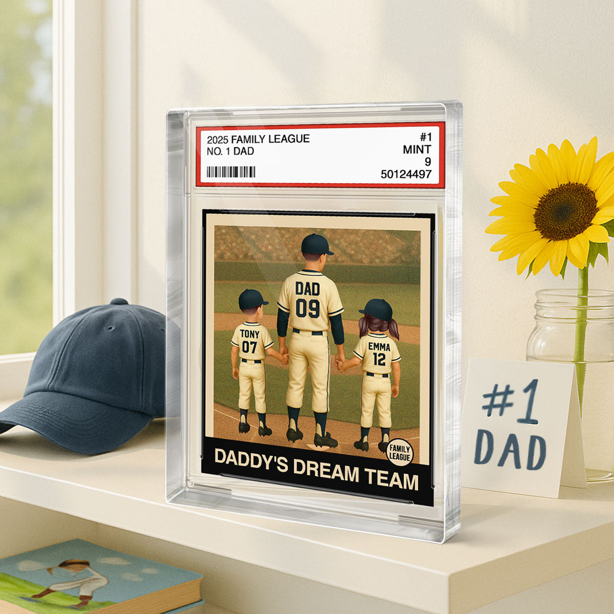 Baseball No. 1 Dad Grandpa Man & Kids Trading Card Style - Personalized Acrylic Block Plaque