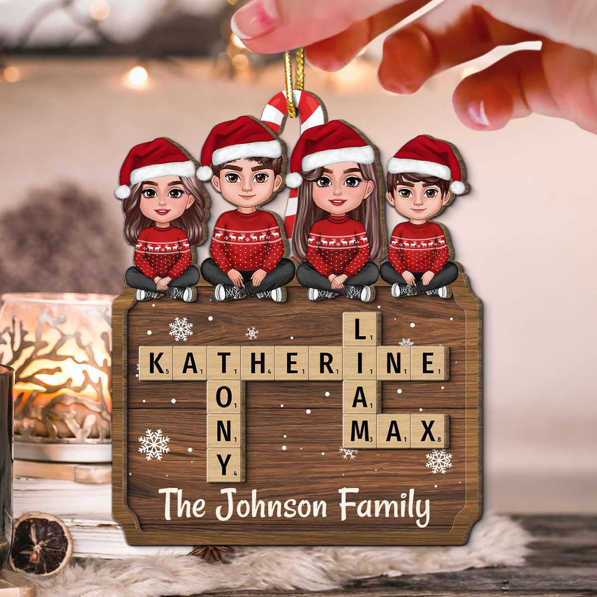 Animated Family Sitting On Crossword Puzzle Board Personalized 2-Layer Wooden Ornament