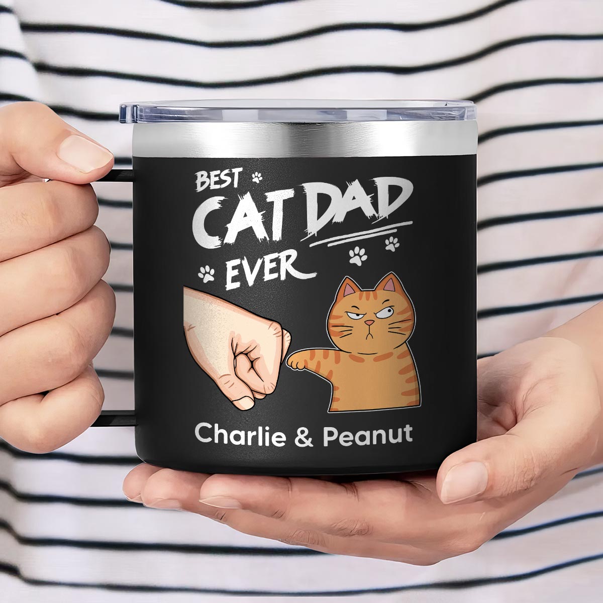 Best Cat Dad Ever Fist Bump Personalized Stainless Steel Tumbler With Handle, Birthday Gift For Cat Lovers, Father's Day Gift or Just Because