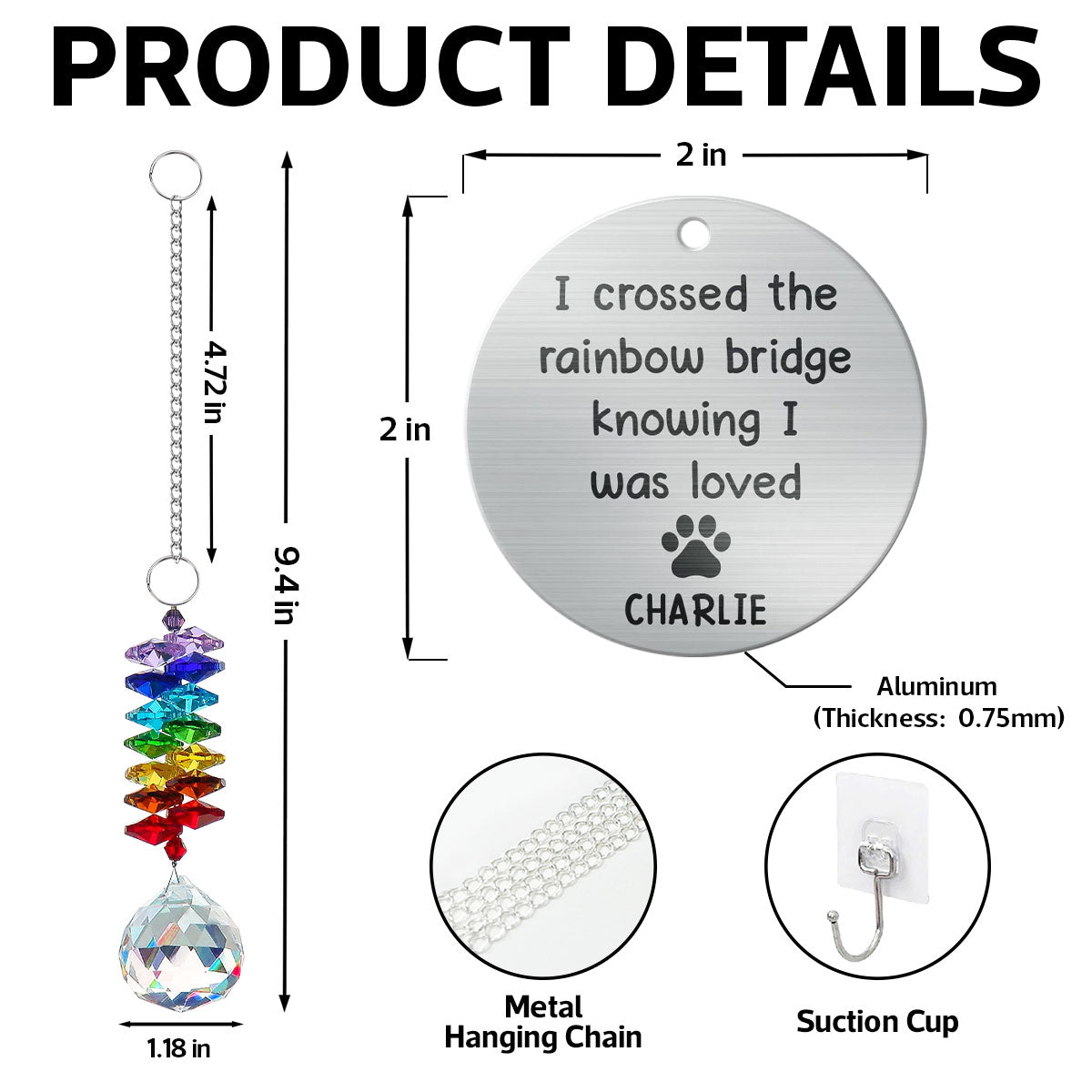 Pet Dog Cat Memorial Crossed The Rainbow Bridge Personalized Crystal Suncatcher With Aluminum Charm