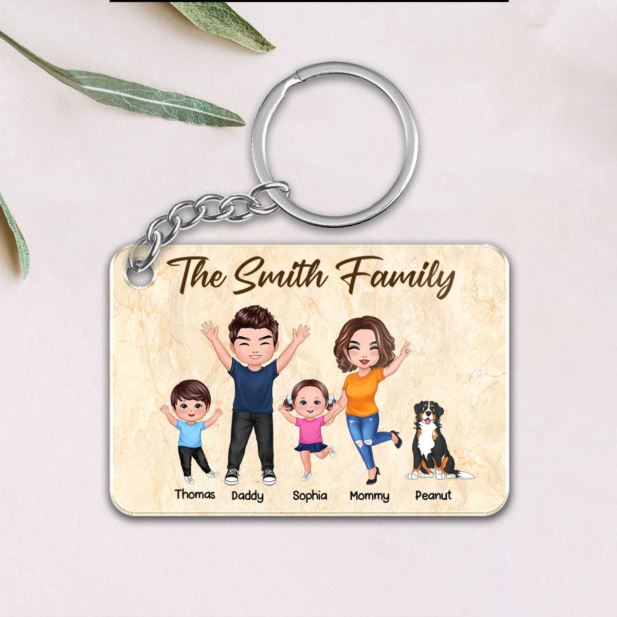 Happy Doll Family Couple Dad Mom Kids Dogs Cats Personalized Acrylic Keychain