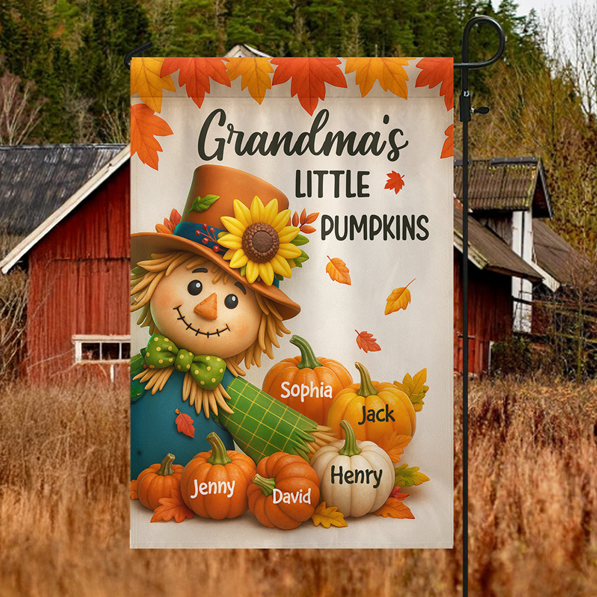 Grandma's Pumpkin Patch Scarecrow Personalized Garden Flag, Cozy Fall Decor for Grandma