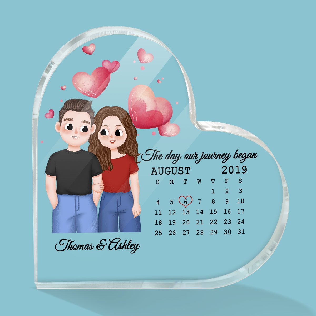 Cute Illustration Couple Calendar Anniversary Date Gift For Him For Her Personalized Acrylic Heart Plaque